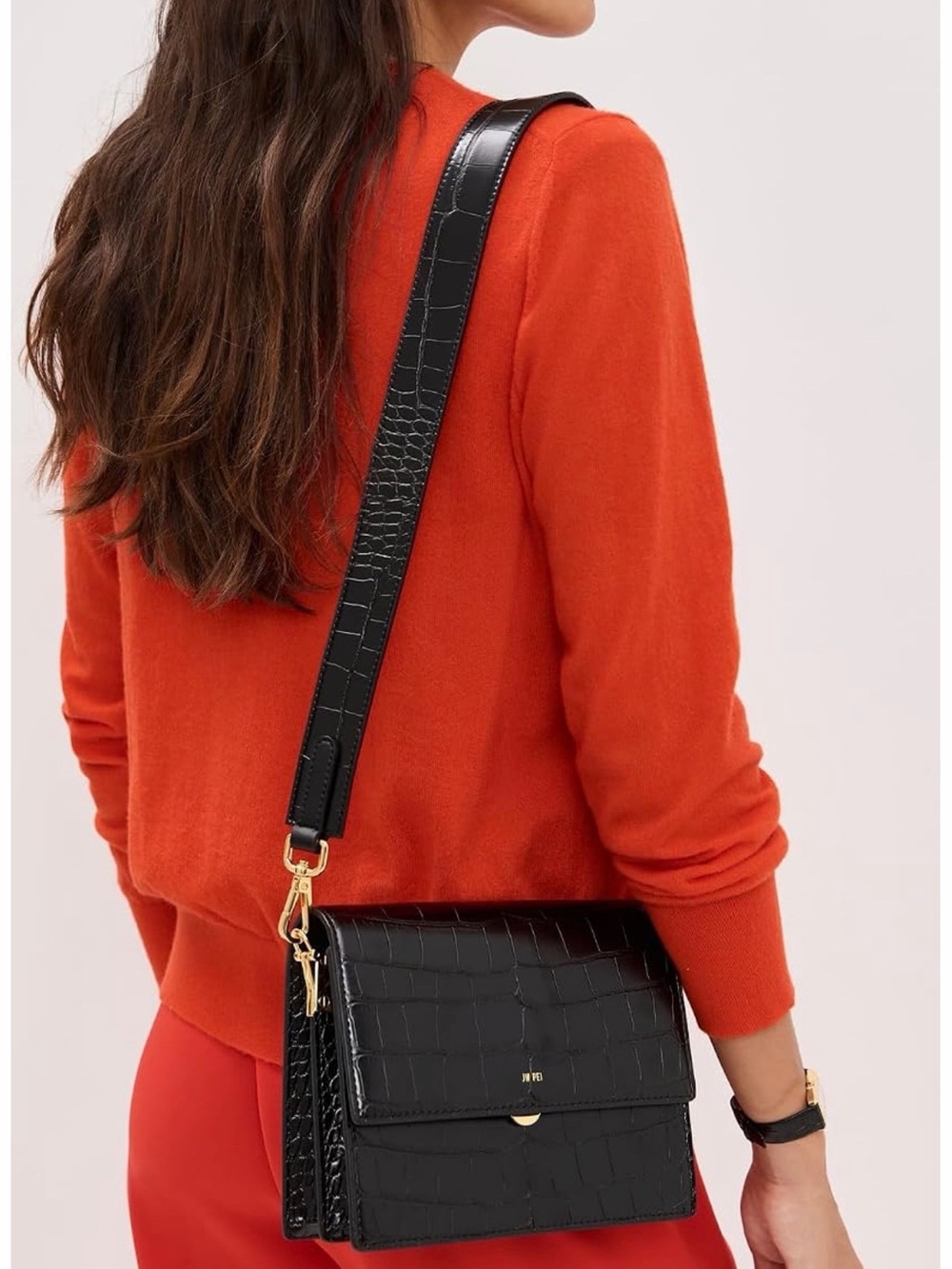 JW PEI Black Croc-Embossed Crossbody with Gold Hardware